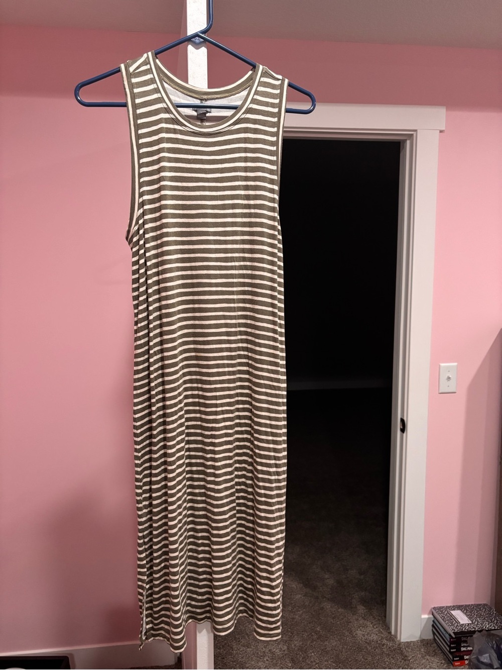 aerie Olive and White Striped Sleeveless Maxi Dress
